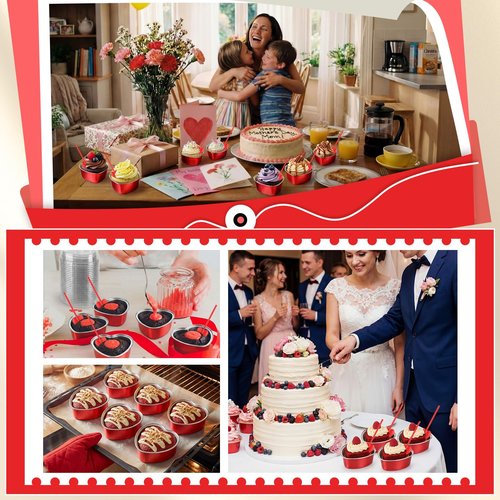 Blushtier 120 Set 3.4 oz Heart Shaped Cake Pans with Lids Spoons for Baking Aluminum Foil Cupcake Cups Disposable Mini Plastic Spoons Heart Containers for Valentine's Day Wedding Birthday Party (Red)