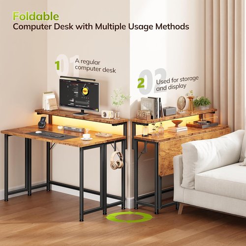 DurayLoly Folding Desk - Compact 31.5 Inch Computer Desk with Monitor Stand & LED Lights | Rustic Brown