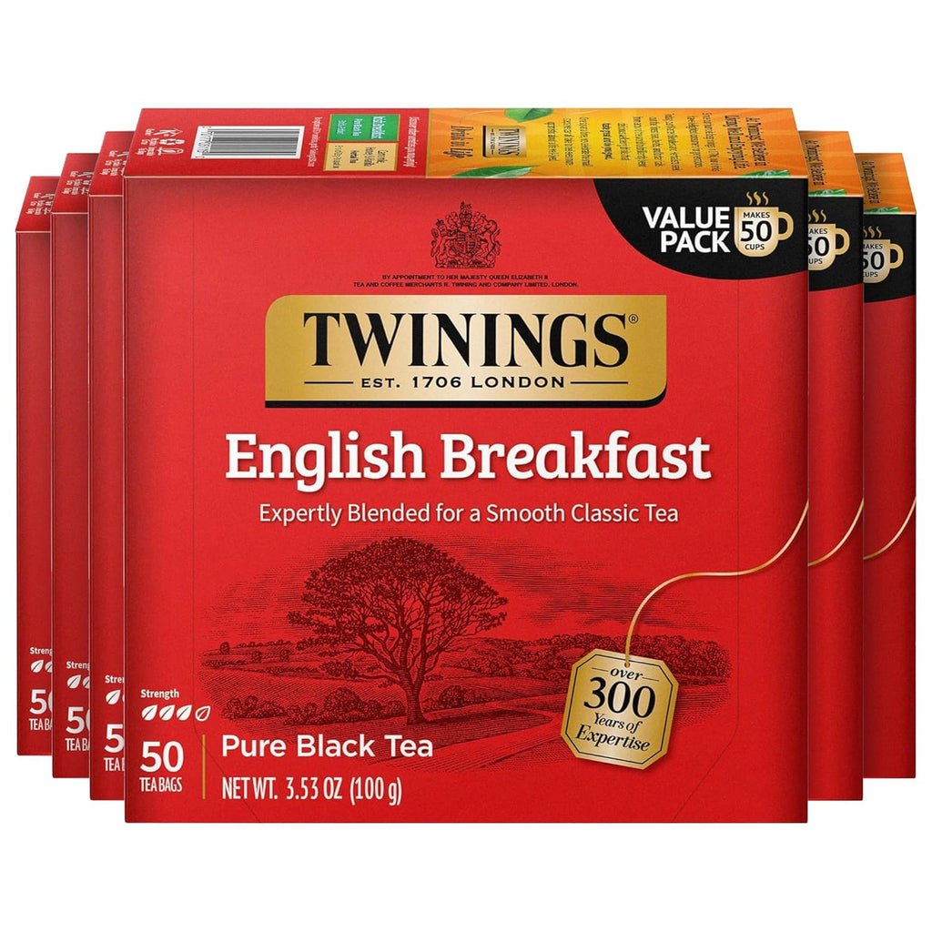 Twinings English Breakfast Black Tea - Flavourful & Robust, 50 Individually Wrapped Bags, 6 Pack