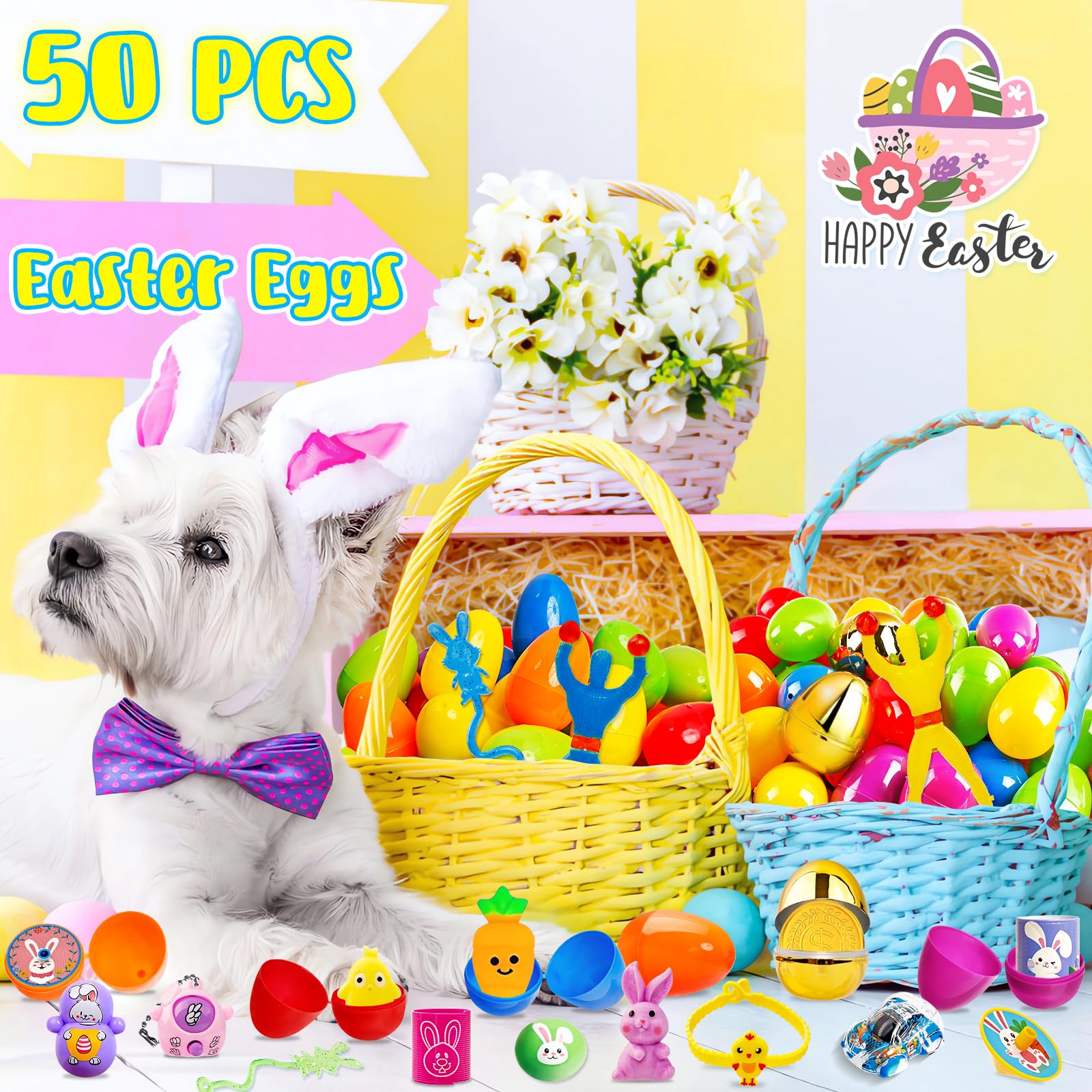 Adisher [ 6 Surprise Golden Eggs ] 100 PACK Prefilled Easter Egg Fillers, Easter Basket Stuffers 100 Plastic Eggs with Assorted Toys Party Favors Classroom Prizes Supplies for Kids Toddler Boys Girls