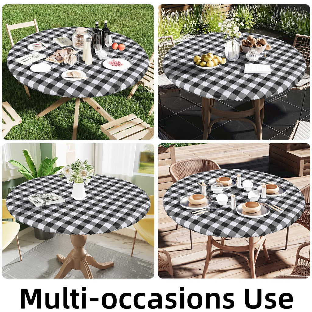 Smiry Round Picnic Tablecloth, Elastic Waterproof Fitted Vinyl Tablecloths for 57"-68" Tables, Flannel Backed Buffalo Plaid Table Cover for Dining, Camping, Outdoor, Black and White