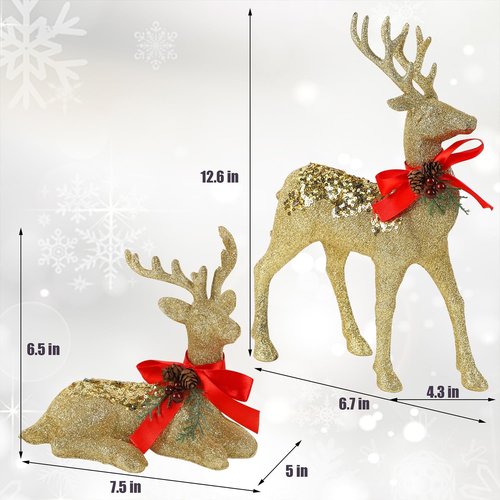 Juegoal Glitter Golden Reindeer Figurines - Set of 2 Christmas Tabletop Decorations | 12.6" Xmas Ornaments