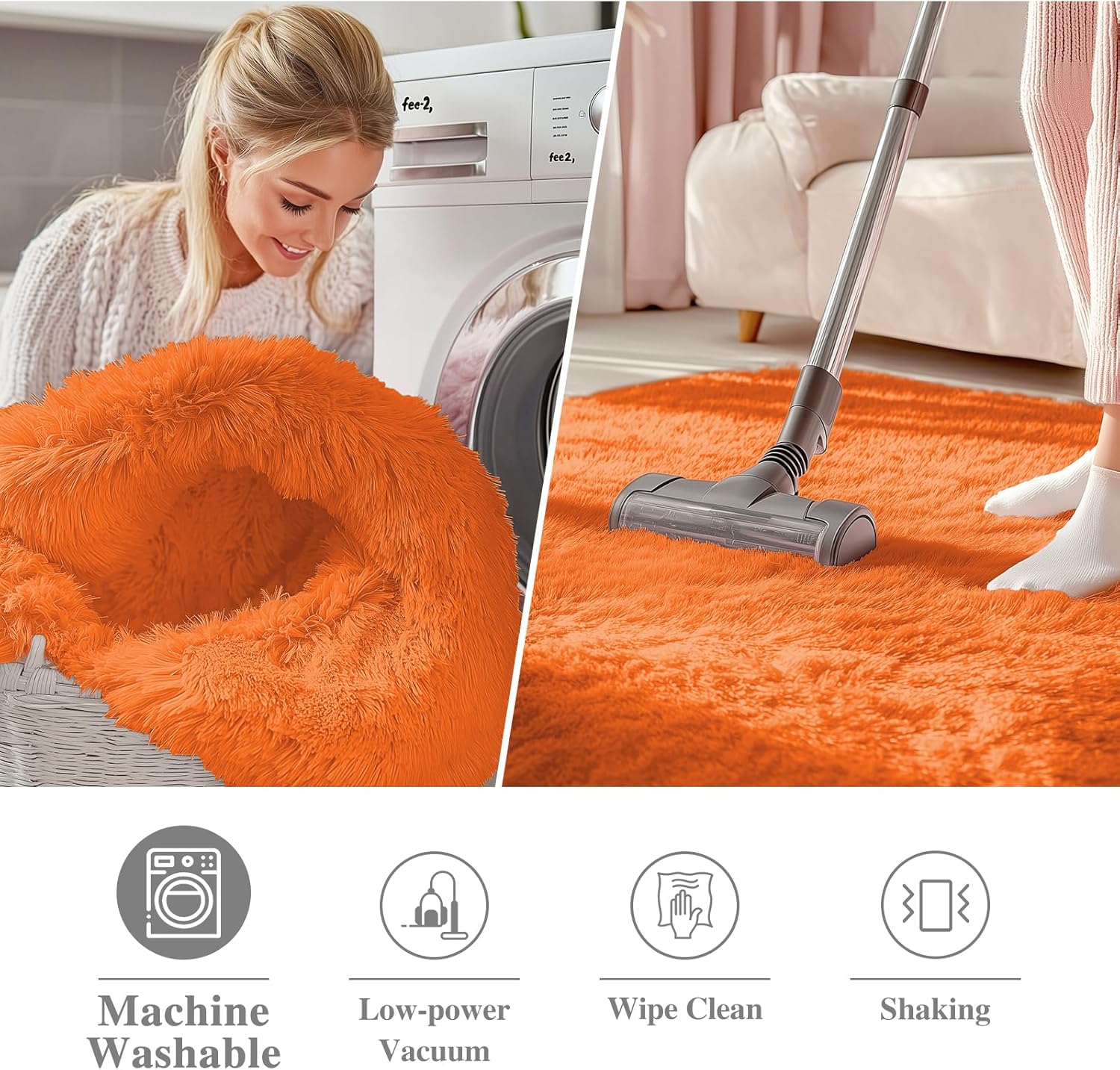 OLANLY Orange Round Rug - Soft, Fluffy Shaggy Carpet for Bedroom & Living Room | 9 ft Circle Area Rug