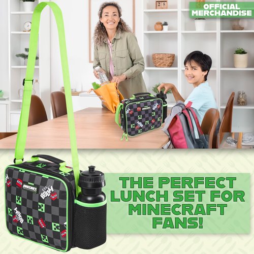 Minecraft Insulated Lunch Bag for Kids Creeper Lunchbox for Boys School Supplies Food Carrier Snacks Picnic Beach Days Travel Gamer Gifts for Kids (Black/Green)