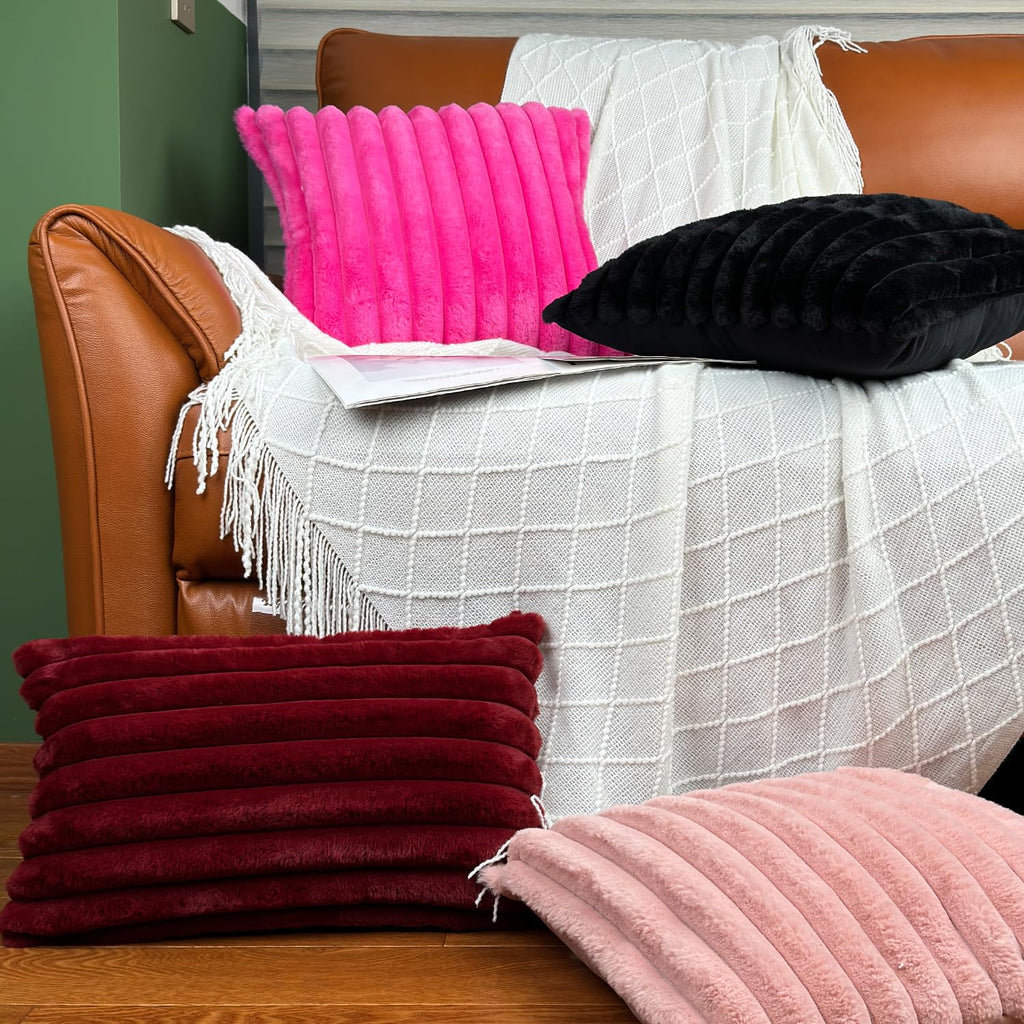 24x24 Throw Pillow Covers Set of 2, Decorative Faux Fur Covers for Bed, Couch Soft Fluffy Pillow Cover with Velvet Back for Living Room, Neutral Home Décor Accent for Sofa - Black