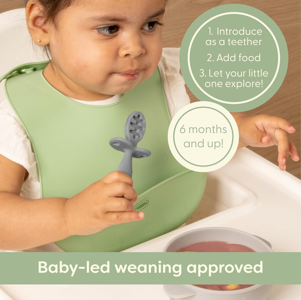 Upward Baby Spoons - Self-Feeding Toddler Utensils with Anti-Choke Barrier | 3-Pack Silicone Spoons for 6+ Months - Red, White, Blue