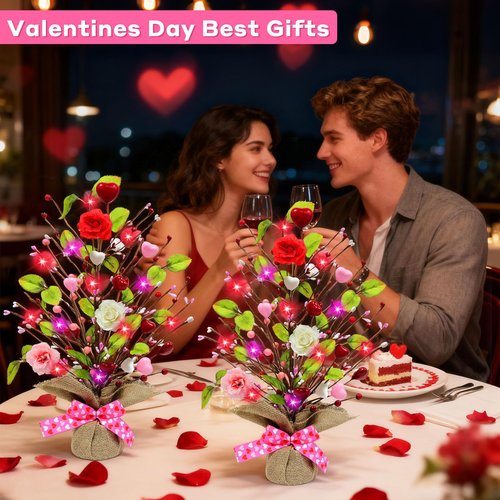 2 Pack & Timer - Valentines Day Decorations, 18 Inch Lighted Valentines Day Tree Tabletop with 20 Red Pink Lights Battery Operated Hearts Rose Berries Artificial Tree Valentines Decor Home Table Party