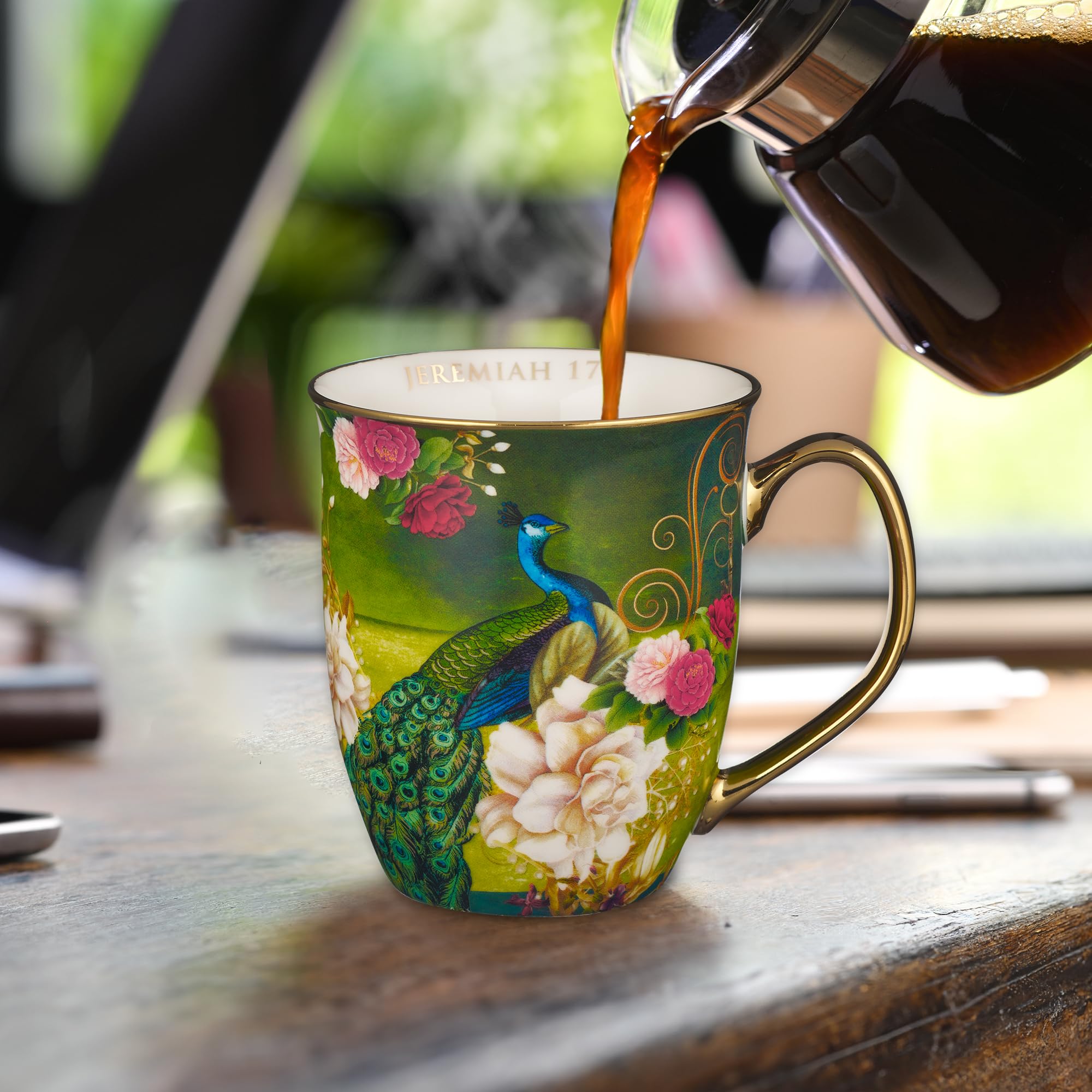 Christian Art Gifts Blue Peacock Ceramic Coffee Mug with Gold Accents – 14 oz. Lead and Cadmium-free Inspirational Scripture Coffee and Tea Mug for Women & Men with Bible Verse: Blessed –Jeremiah 17:7