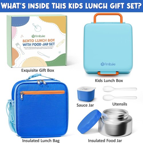 Fimibuke Kids Bento Lunch Box - Leakproof Insulated Food Jar & Utensils | BPA-Free, 3-4 Compartments