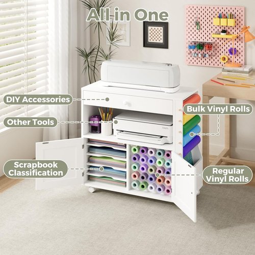 Kikihouse Craft Organizer Cart - Storage Cabinet for Cricut with Drawers & 30 Vinyl Roll Holder | Ideal for Home Craft Room