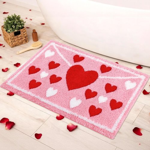 Lyrow Envelope Red Heart Tufted Bath Mat 17"x 29" Absorbent Love Heart Rug Red Pink White Non Slip Bath Rug Washable Front Door Mat for Wedding Home Bedroom Bathroom Decor