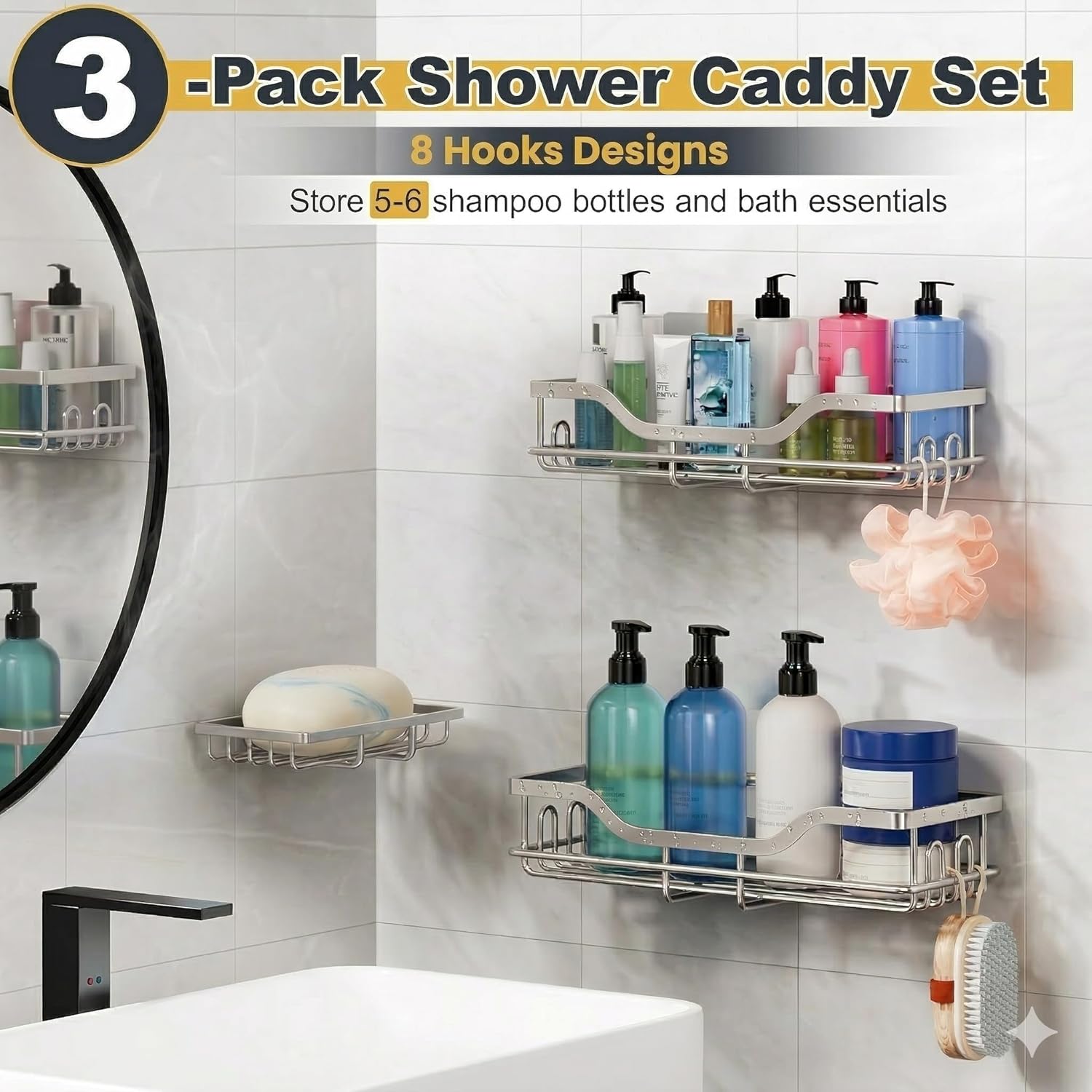 Omaira Shower Caddy - 3-Pack Rustproof No-Drill Organizer with Soap Holder for Smooth Walls | Silver (Large)