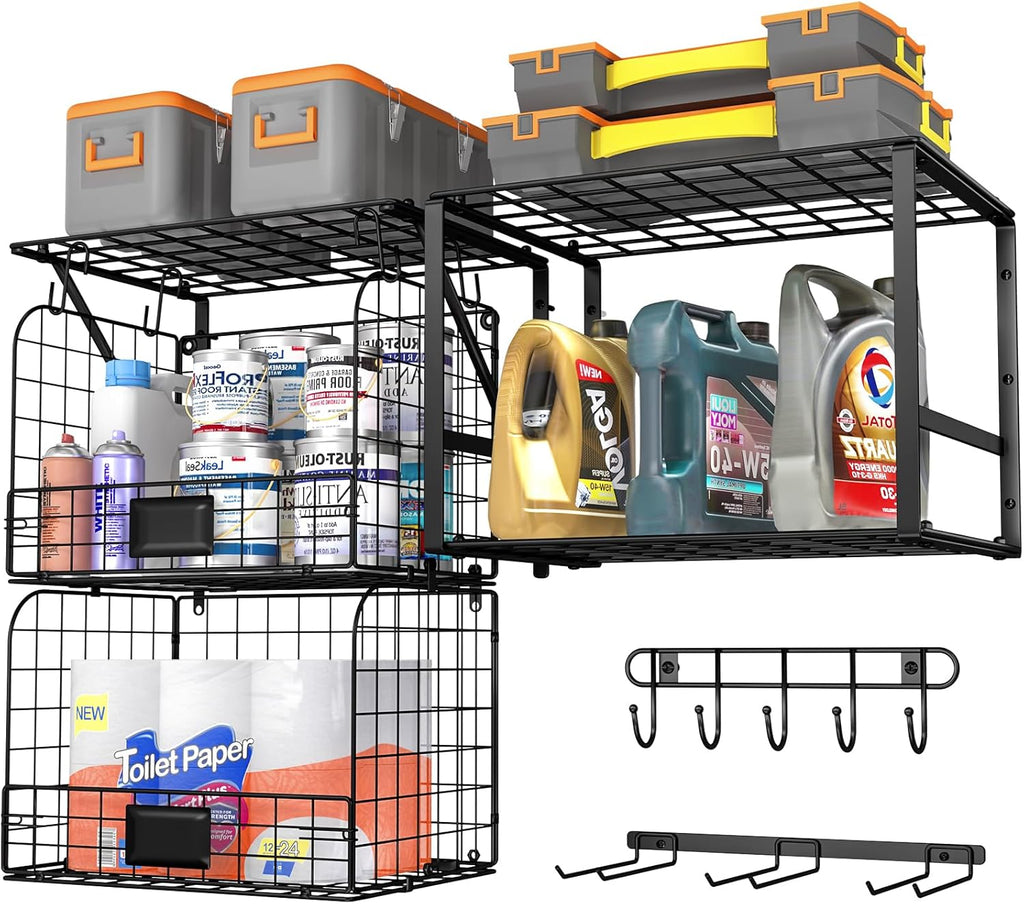 ThreeHio Garage Shelf - Heavy Duty Wall Mounted Storage with Wire Baskets & Tool Rack | Ideal for Home & Garden Organization