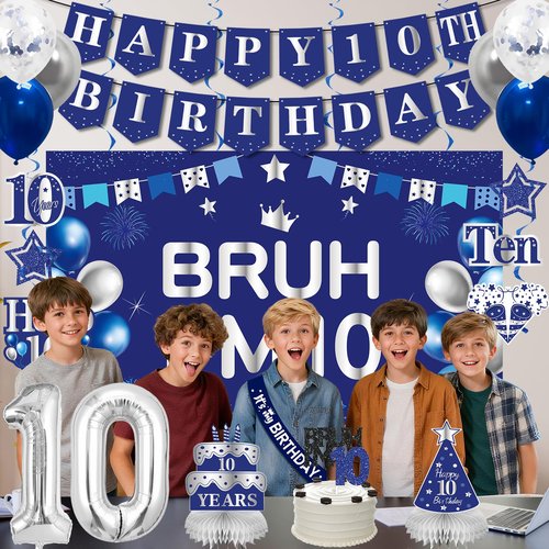 10th Birthday Decorations for Boys Girls Men, Blue Sliver Bruh I'm 10 Backdrop Happy 10th Birthday Banner Table Honeycomb Centerpieces Cake Topper Balloons Hanging Swirls Party Supplies