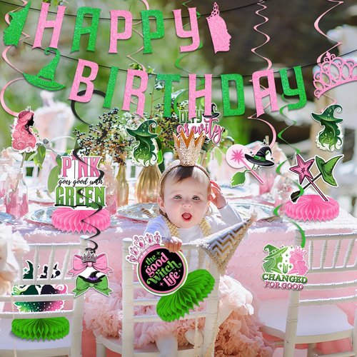 Witch Party Decorations Pink and Green Happy Birthday Banner Hanging Swirls and Honeycomb Centerpieces Witch Theme Party Decorations for Girls Women Birthday Party Supplies