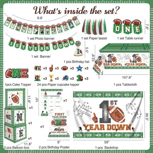 Jovialitix First Birthday Decorations – First Year Down Birthday Party Decorations Kit with 40" Balloon, Banner, Photo Garland, Backdrop & Football Decor
