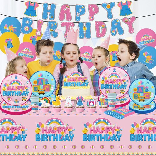 112pcs English Teacher Birthday Decorations Tableware Set Include Banner,Hanging Swirls, Waterproof Tablecloth,Latex Balloons,Paper Plates of 2 Size,Cake Topper, Napkins and Paper Cups