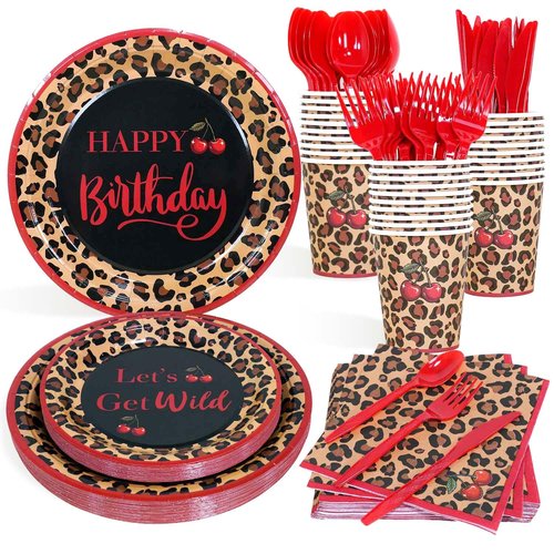 Red Cheetah Print Birthday Party Decorations Plates Set 25 Guests,175pcs Plates Napkins Cups Cutlery Set, Y2K Cherry Leopard Print for Girls Night Big Mama Women