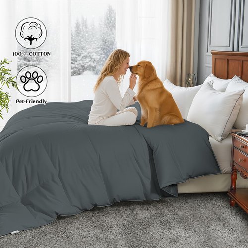 Goose Feather Comforter Queen Size, Duvet Insert All Season Queen, Bed Comforter Quilted Hotel Luxury Fluffy 100% Cotton Blanket with 8 Corner Tabs, 90 x 90 Inch, Grey, Machine Washable
