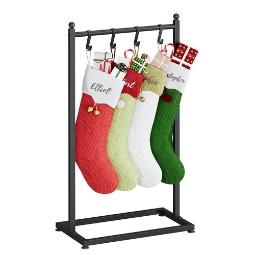 LAND·VOI Christmas Stocking Holder for Floor, Free Standing Metal Stocking Hanger with 4 Removable Hooks, Stable Base & Adjustable Feet, Black