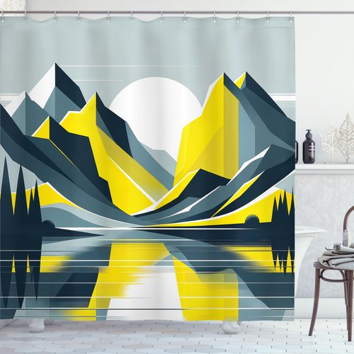 Ambesonne Lake Shower Curtain, Mid Century Modern Boho Art of Sunrise Scenery with Minimalist Mountains, Cloth Fabric Bathroom Decor Set with Hooks, 69" W x 70" L, Mustard Purpleblue White