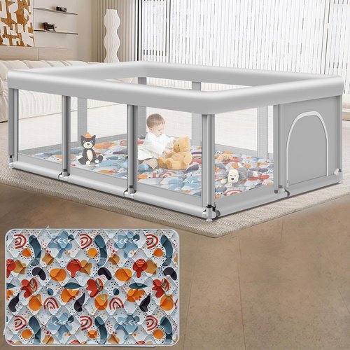 Large Baby Playpen - Sturdy Safety Play Yard with Soft Mesh & Anti-Slip Base | 74" x 50" Mat Included