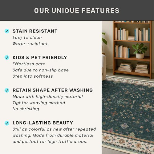 Dark Green Kitchen Rug - Modern Vintage Boho Floral Design | Washable Low Pile Non-Slip 2x5 Runner
