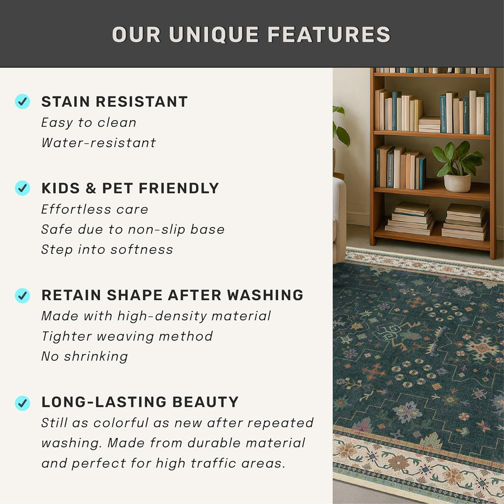 Regine Switzerland Dark Green Washable Kitchen Runner Rug - Non-Slip Rubber Backing | 2'6"x8' Stain Resistant