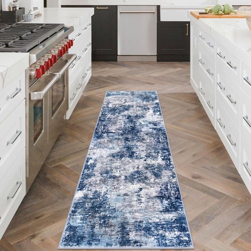 Lansny Modern Abstract Runner Rug - Washable Non-Slip 2x6 Grey Navy Blue Faux Wool Carpet for Home Decor