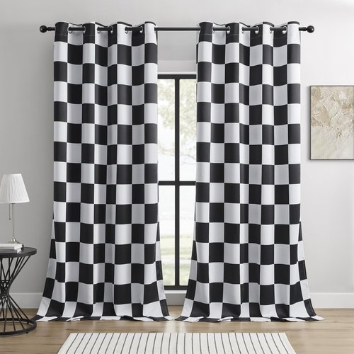 BOHOMOCASA 100% Blackout Curtains – Black and White Checkered Race Flag Pattern, 2 Panels, Each W52×L84, Thermal Insulated, Nosie Reducing for Bedroom, Living Room, Race car Drapes