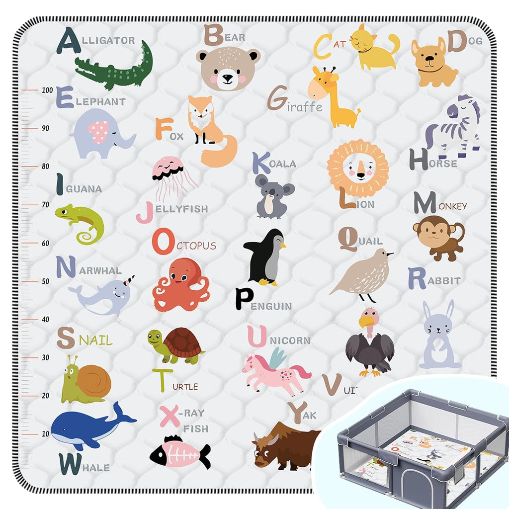 Skiennix Baby Play Mat - Thick, Soft, Non-Slip 50" x 50" Crawling Mat for Infants & Toddlers | Machine Washable, Animal Alphabet-A