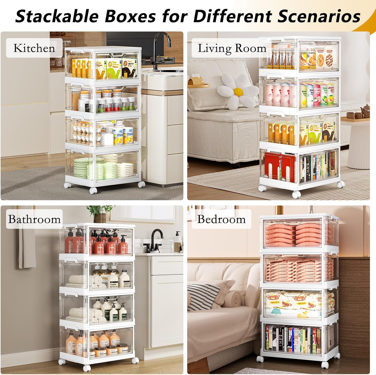 SNSLXH Portable Clear Storage Bins - Stackable 24QT Bins with Lid & Wheels for Bedroom, Office, Living Room