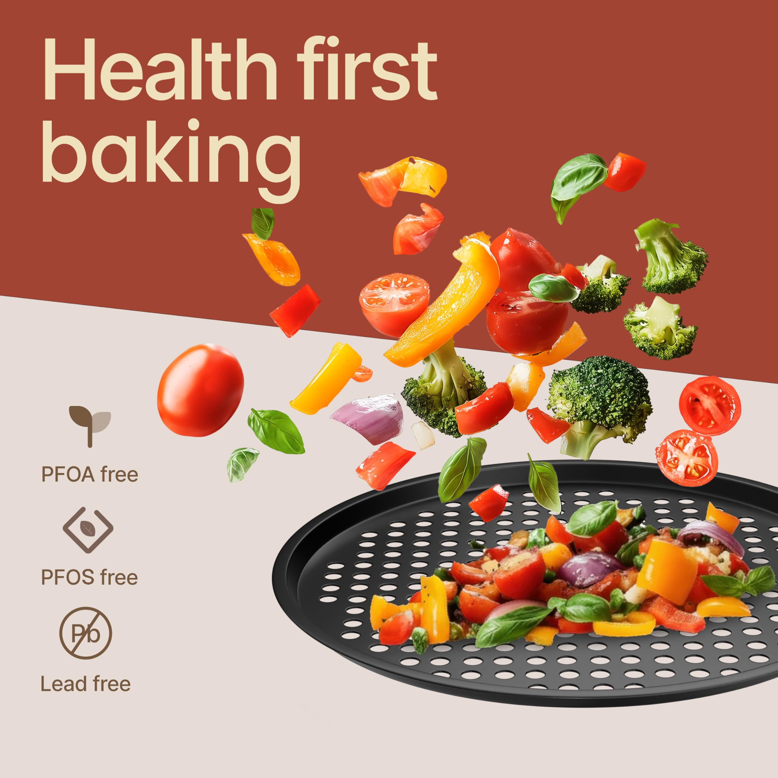 Bakken- Swiss Non-Stick Pizza Pan with Holes - 13-Inch Perforated Pizza Crisper Carbon Steel Pizza Pan - 2 Round Pizza Trays - PFOA PFOS and PTFE Free