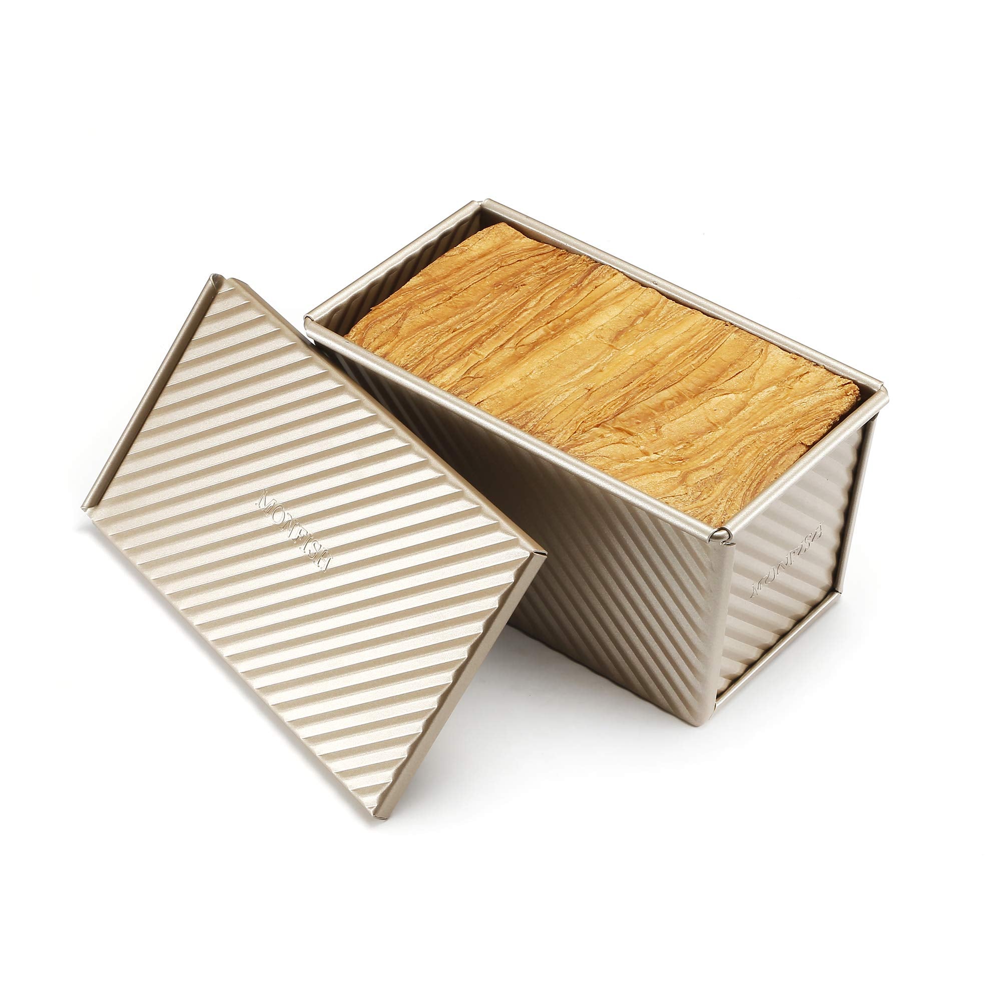Monfish Pullman loaf Pan – loaf pan w lid - Wavy Non-Stick Toast Mold - Loaf Bread Baking Pan champagne gold (8.5x4.75x4.5)