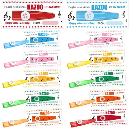 Joyfolk 24 Set Valentines Day Gifts Plastic Kazoos with Happy Valentine's Day Cards Opp Bags for Adults Fun Musical Instruments Party Favors Gift Bag Fillers Good Companion for Guitar Ukulele,6 Colors