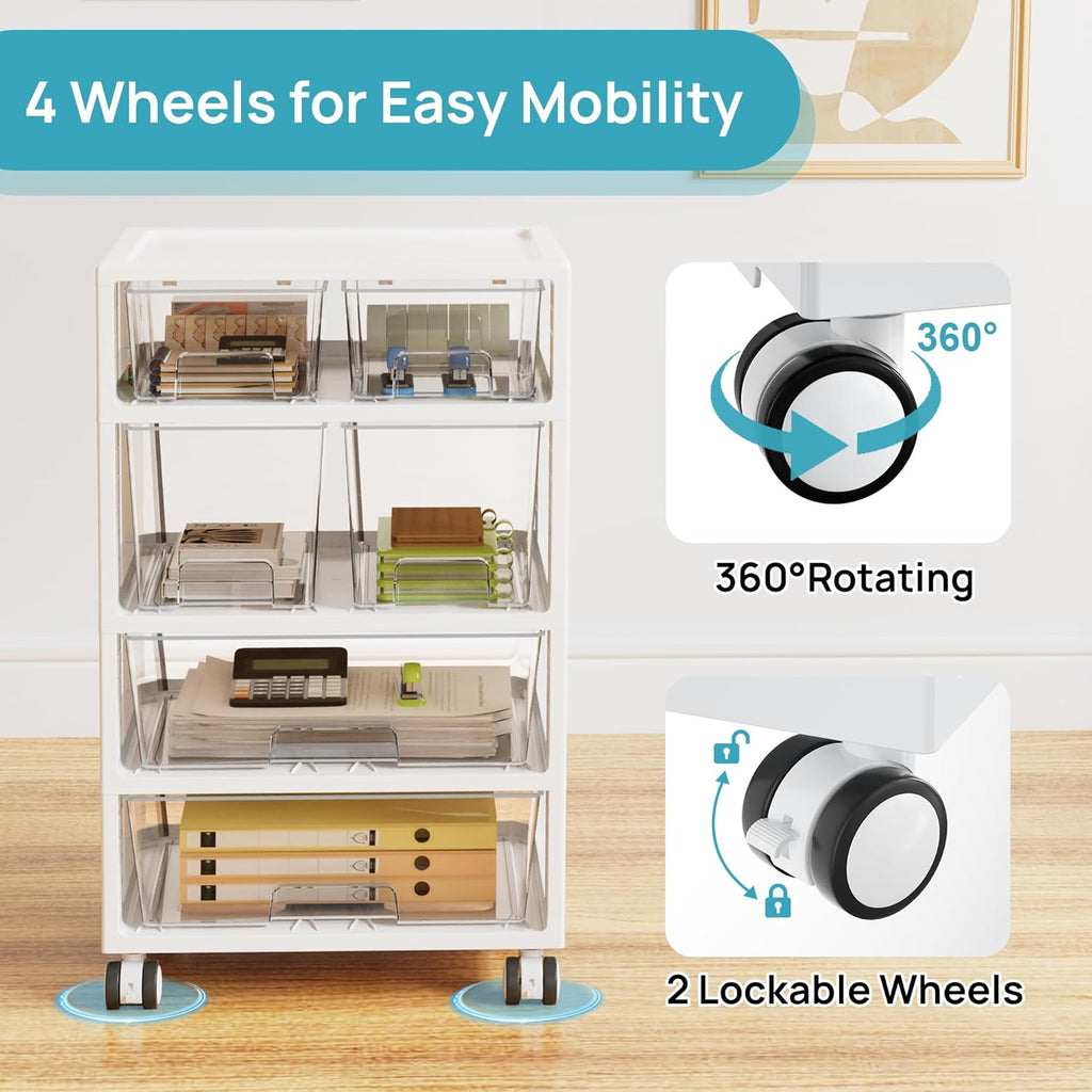Vtopmart Plastic Drawer Organizer - 4-Tier, 6 Drawers with Wheels for Office & Craft Storage | Clear