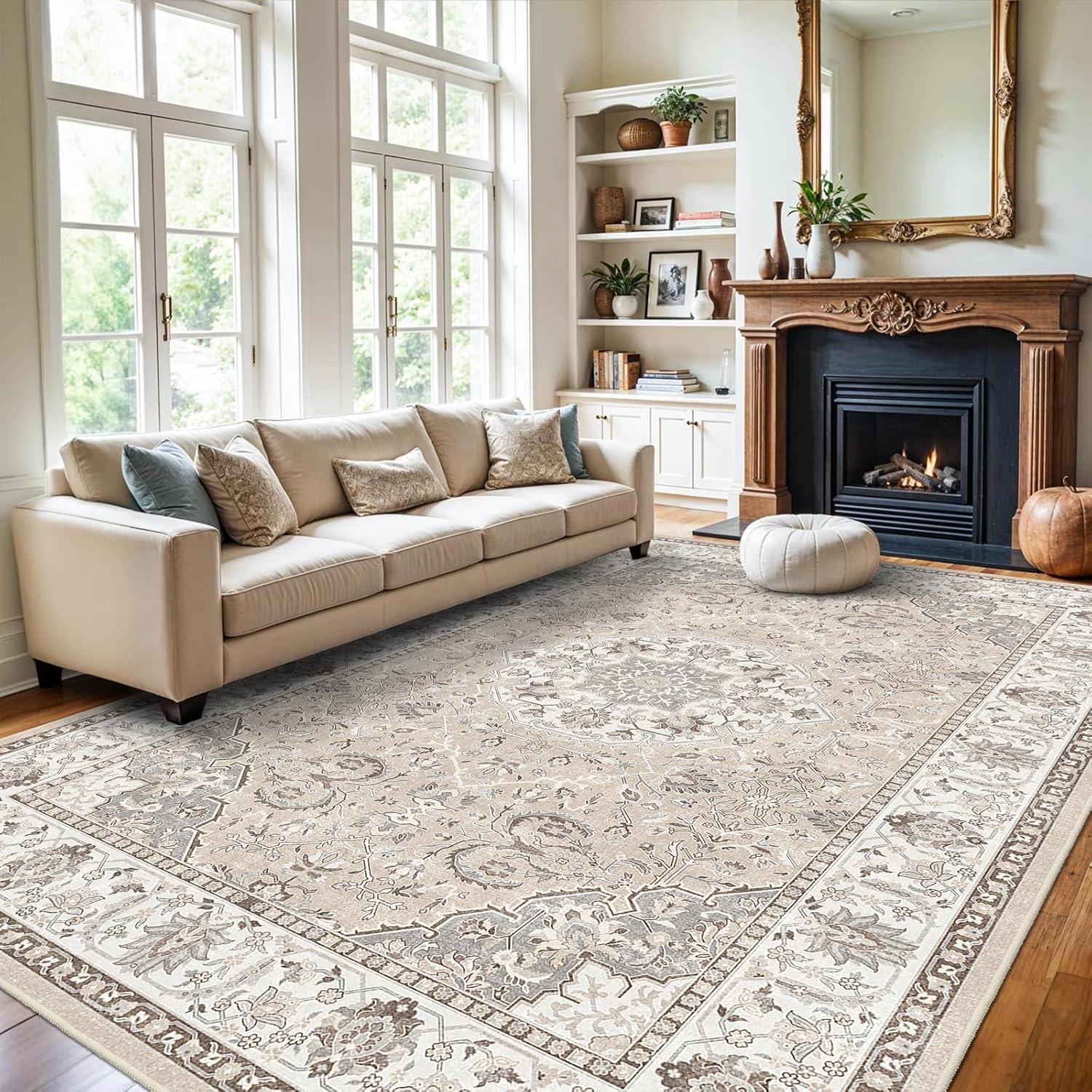 Skiennix Washable Large 9x12 Area Rug - Soft, Non-Slip, Stain-Resistant Carpet for Living Room & Bedroom (Beige)