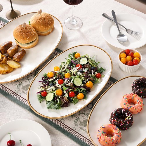 CULIVORA Ceramic Oval Serving Platter with Brown Rim: 15.6/14.3/12.9 Inch Large Serving Dishes for Entertaining Party, Turkey, Steak, Ham, Microwave Dishwasher Safe