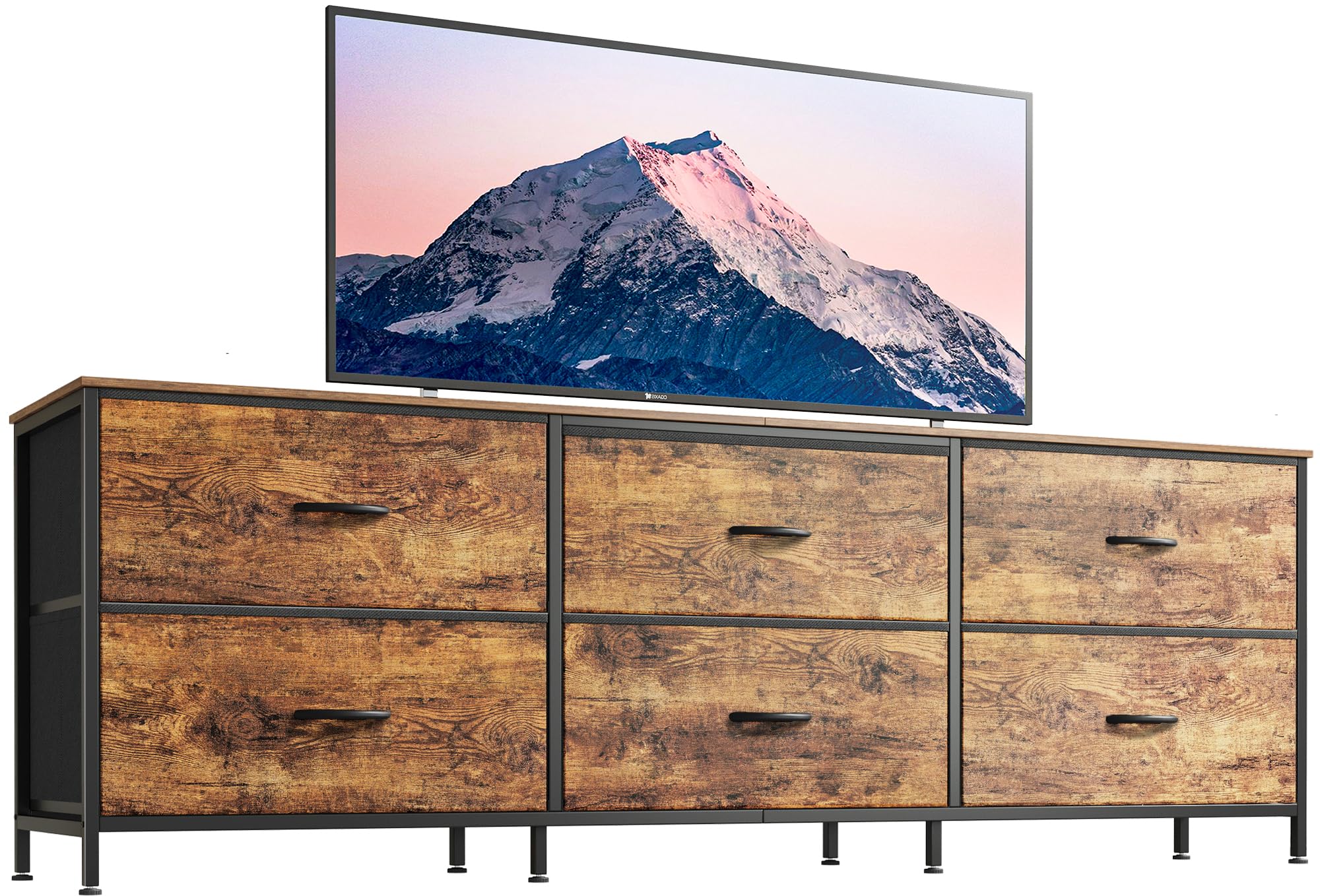 Huuger 63 Inch Long Dresser for Bedroom, Wide TV Stand for 55, 65, 70 Inch TV, 6 Drawer Dresser for Closet with Fabric Drawers, Storage Organizer for Bedroom, Entryway, Rustic Brown
