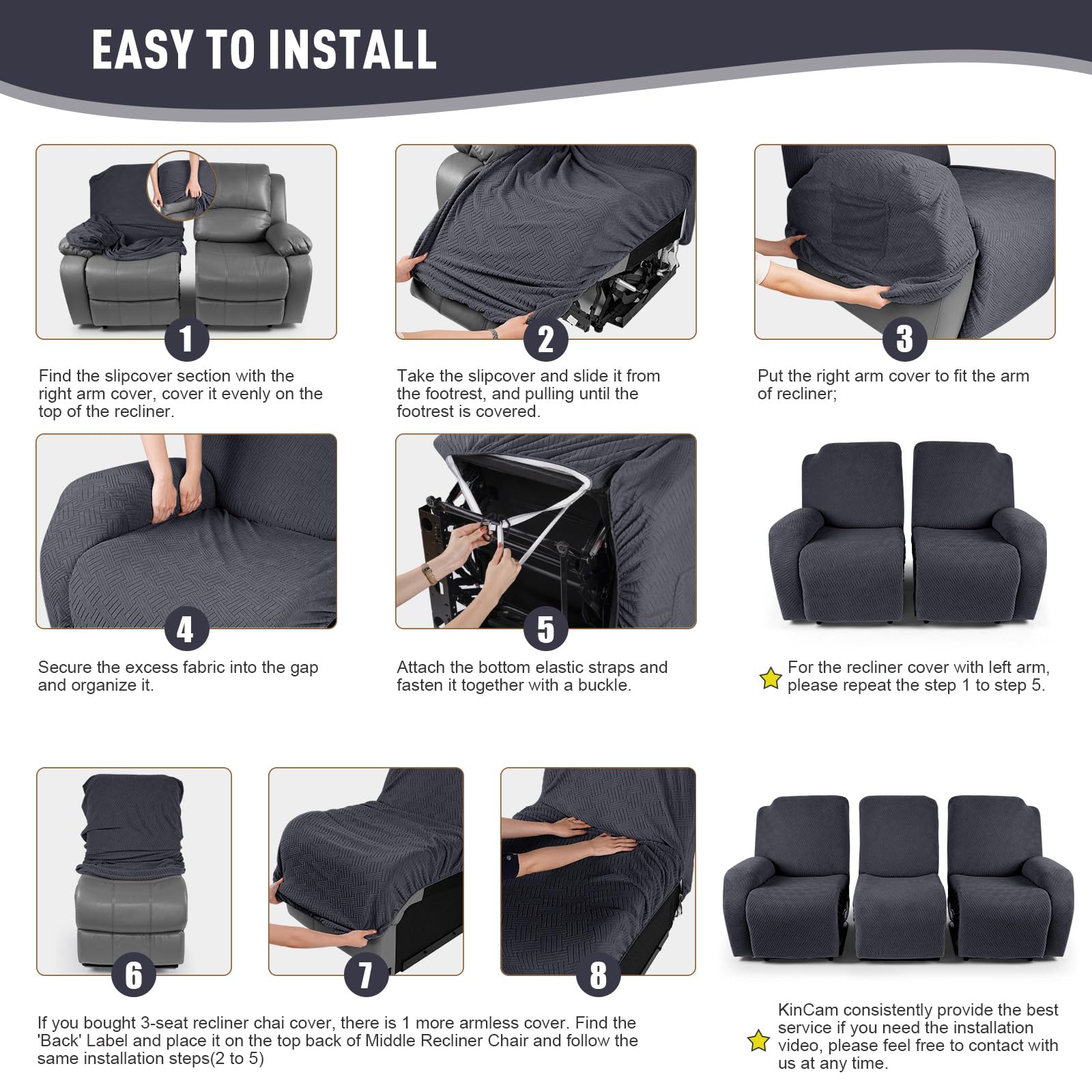 KinCam Recliner Covers, Stretch Reclining Chair Covers, Recliner Sofa Slipcovers Stripe Jacquard Recliner Couch Covers Furniture Protector Covers for Pet Kid (3 Seater, Charcoal Gray)