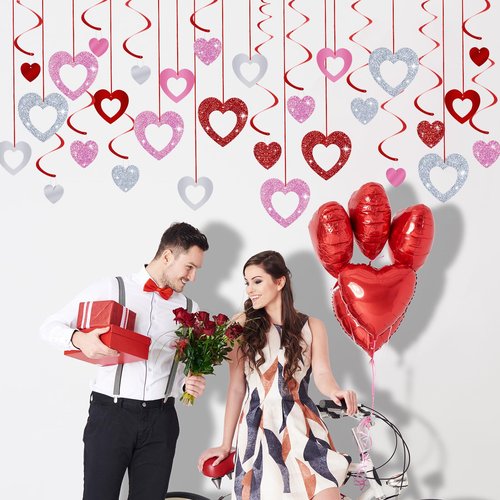 MARFOREVER 48 Pcs Valentine's Day Decorations Glitter Valentines Heart Garland Ornament Red Pink Silver Heart Hanging Swirls Ceiling Decorations for Valentines Day Galentines Day Party Supplies