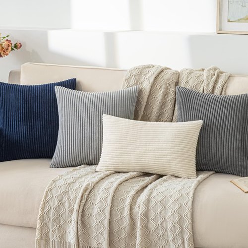 Softalker Throw Pillow Covers 18 x 18, Set of 2 - Cream Spring Decorative Soft Corduroy Striped Boho Beige Pillow Covers, White Cushion Pillow Cases for Farmhouse Decor, Couch, Easter, Bed Living Room