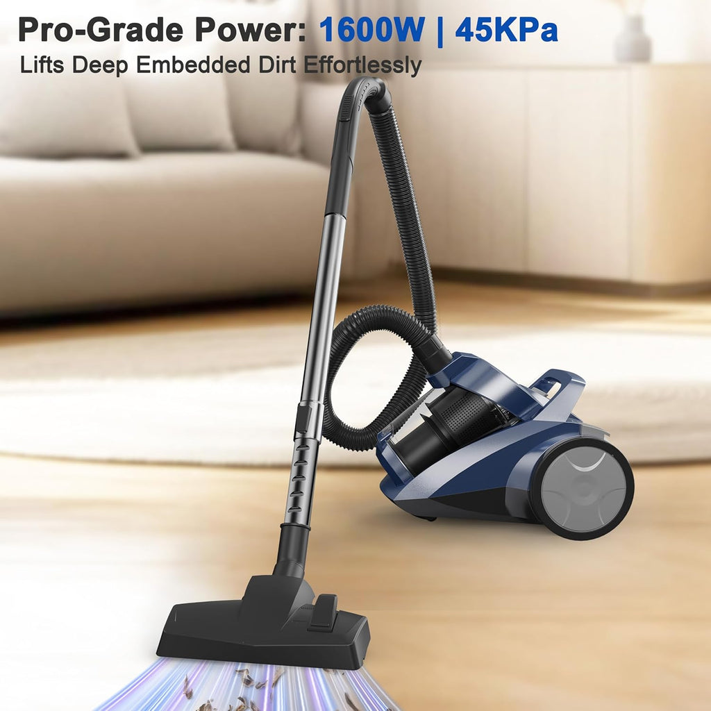 Sweepcent Canister Vacuum Cleaner - 45KPa Power Bagless Design | Lightweight Multi-Surface Vacuum with 5 Tools & Double HEPA Filter