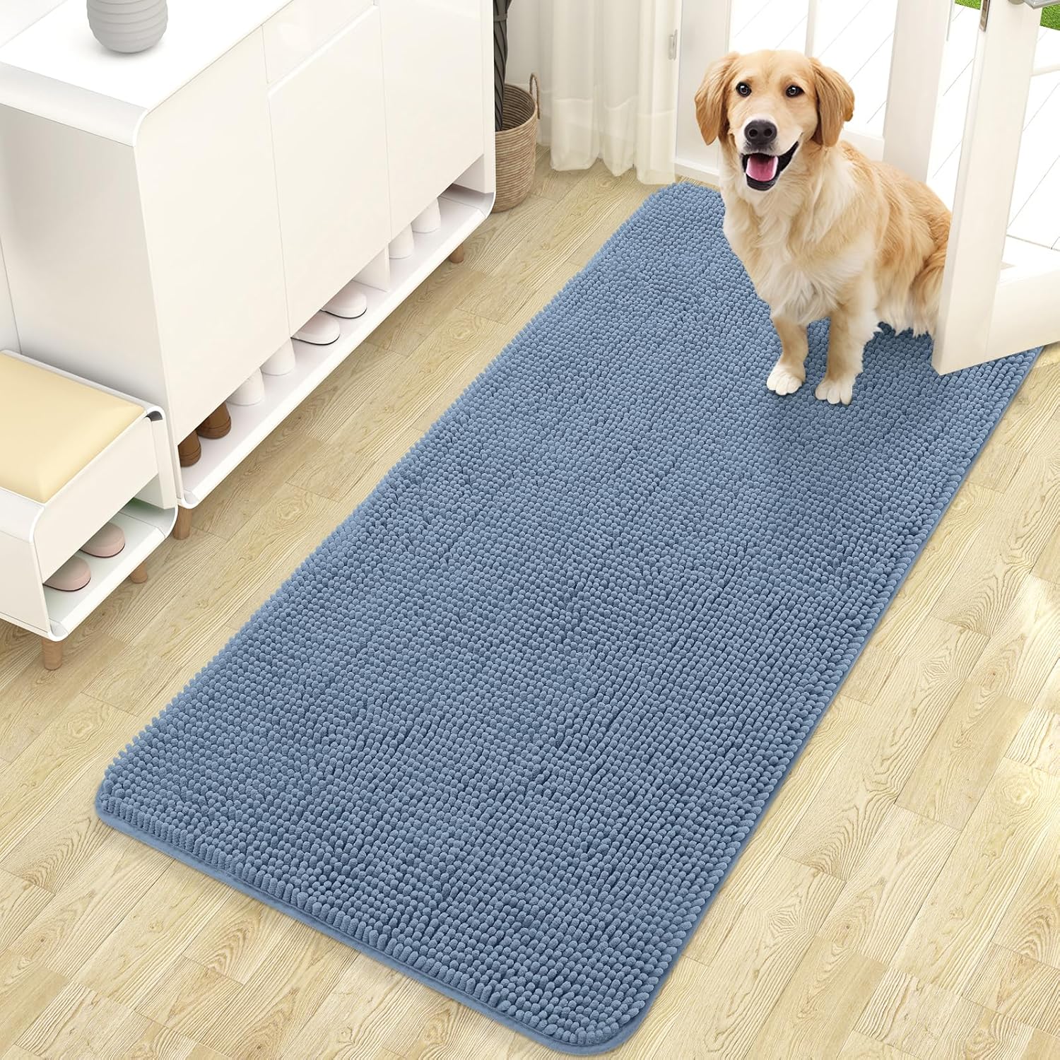 OLANLY Dog Door Mat - Absorbent Non-Slip Mud Mat for Indoor Use | Quick Dry Chenille, 47x24, Airy Blue