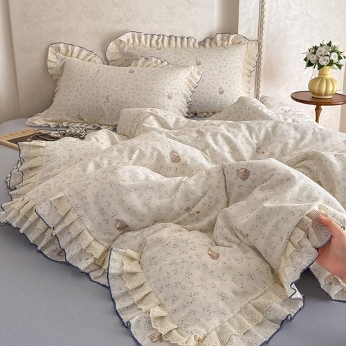 AMZTOP Rabbit Floral Duvet Cover Set 100% Muslin Cotton Gauze Bedding Set,1 Full Size Duvet Cover with 2 Pillowcases with Ruffles,All Season Lightweight Breathable Soft Quilt Covers Baby Kids 80"×90"
