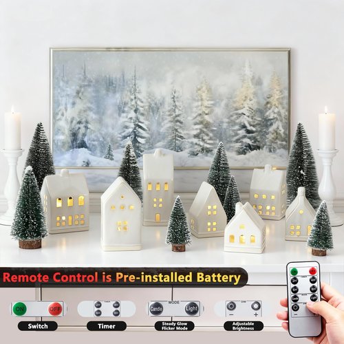 Mokof Christmas Village Set - 7 White Ceramic Houses with Remote LED Tea Lights and 8 Mini Trees, Farmhouse Christmas Decorations Indoor for Fireplace, Mantel, Tabletop, Shelves Winter Holiday Decor