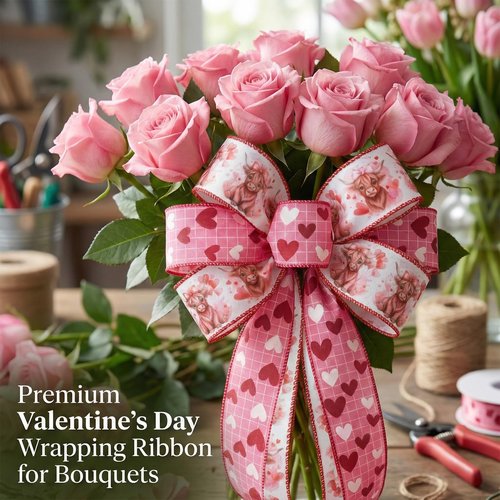 Bllavie 2 Rolls Valentine Wired Ribbon Heart and Love Plaids Fabric Ribbons Fawn Pattern Craft Ribbon for Gift Wrapping DIY Bow Wreath Craft Making