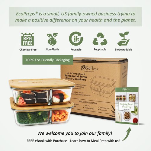 EcoPreps Large Glass Bento Box Containers with Bamboo Lids, 3 Compartment Glass Meal Prep Container Set (2 Pack, XL) - 100% Plastic Free, Eco-Friendly Lunch Containers, Bento Boxes for Adults