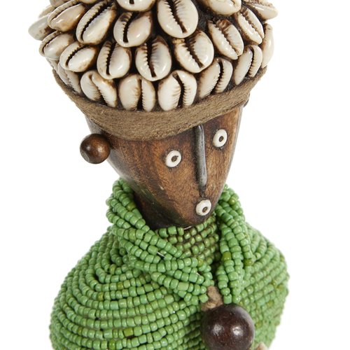 Deco 79 Small Hand-Crafted Pine Wood, Cowrie Shells, Green Beads & Kente Cloth African Woman Namji Doll, 3" x 5"