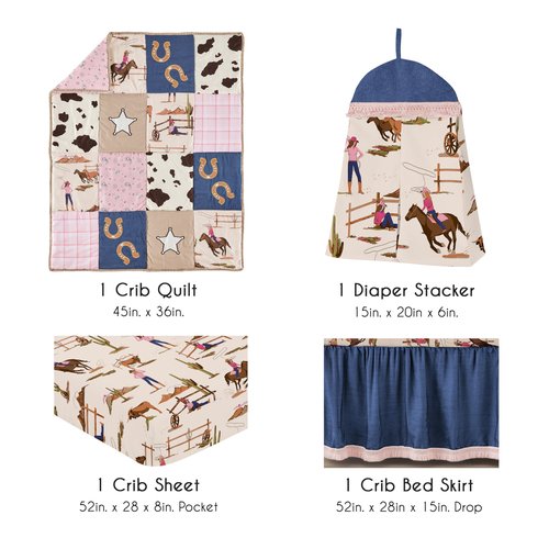 Sweet Jojo Designs 4-Piece Baby Crib Bedding Set (Western Cowgirl) for Girls, Infants/Nursery incl. Blanket, Fitted Sheet, Skirt, Diaper Stacker (Wild West, Cow Print, Vintage, Bandana, Patchwork)